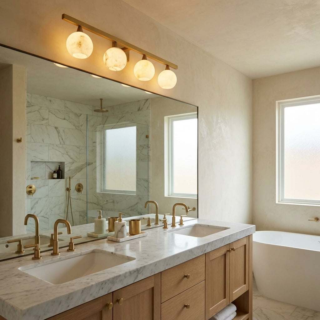 Riviko Alabaster Radiance 4-Light Wall Sconce - elegant American entryway with arched doorway