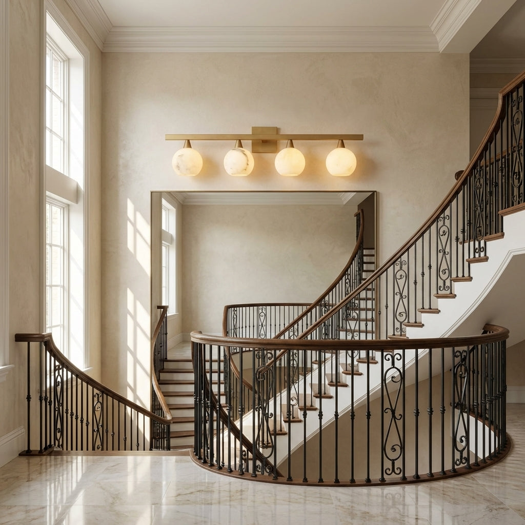 Riviko Alabaster Radiance 4-Light Wall Sconce - dramatic American stairwell with soaring ceiling