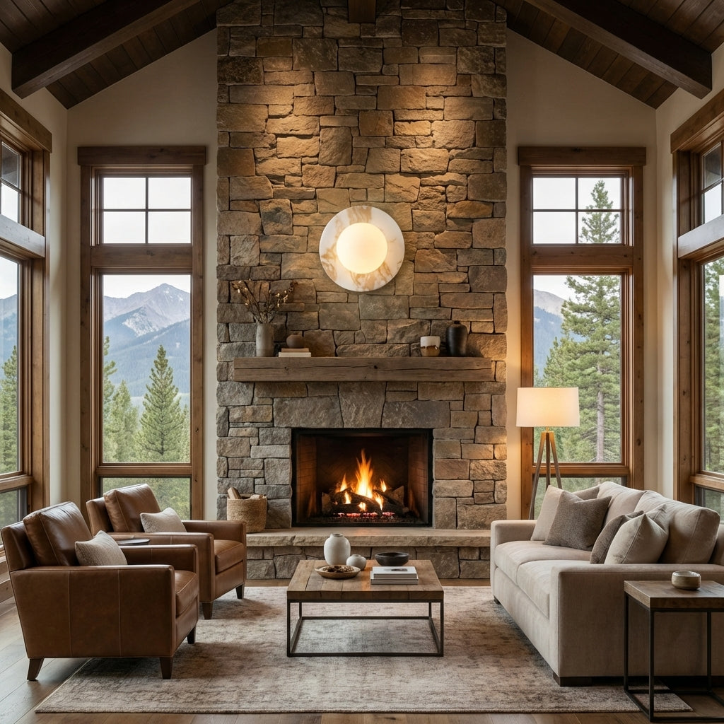 Riviko Veridian Glow 1-Light Marble Wall Sconce - American transitional great room with cathedral ceiling