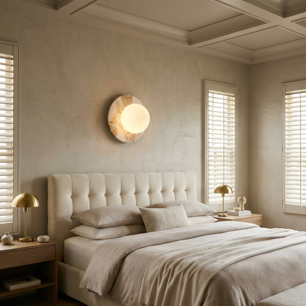 Riviko Veridian Glow 1-Light Marble Wall Sconce - American master bedroom with coffered ceiling
