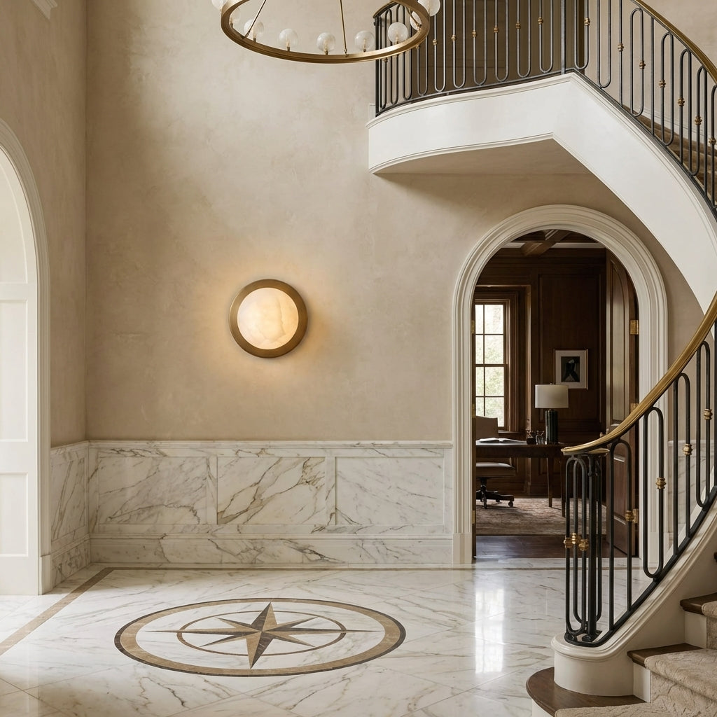 Riviko Veridian Duet Alabaster Wall Sconce - grand American foyer with two-story ceiling