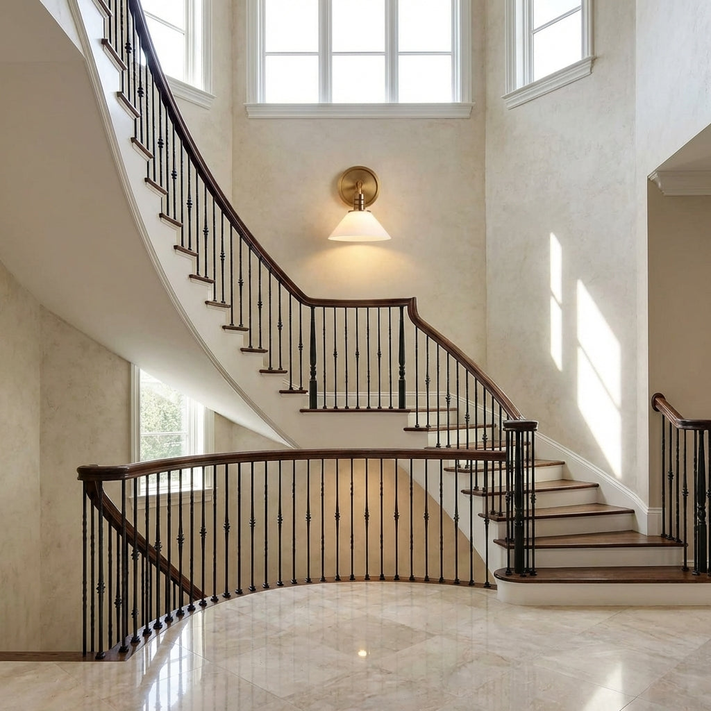 Riviko Aura Single Wall Sconce - dramatic American stairwell with soaring ceiling