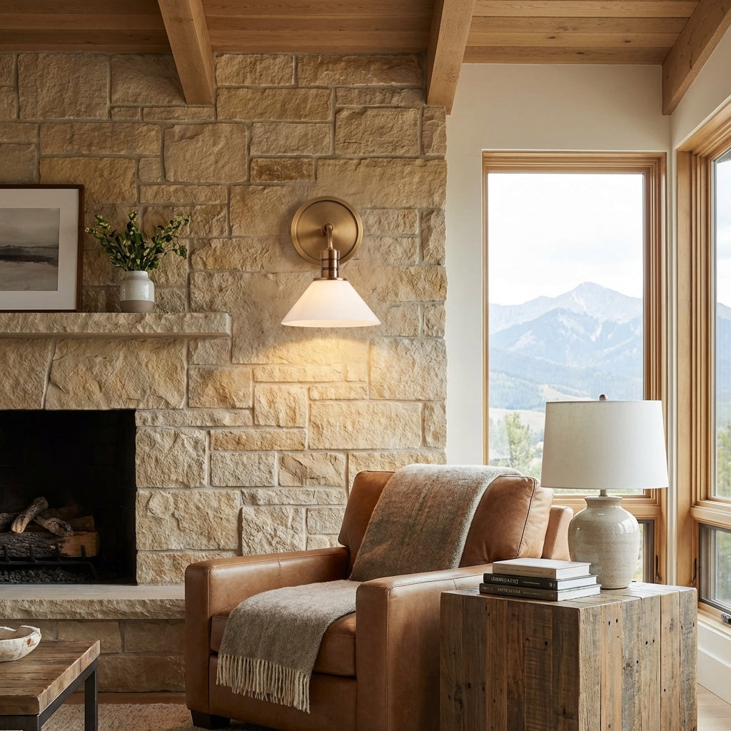 Riviko Aura Single Wall Sconce - American transitional great room with cathedral ceiling
