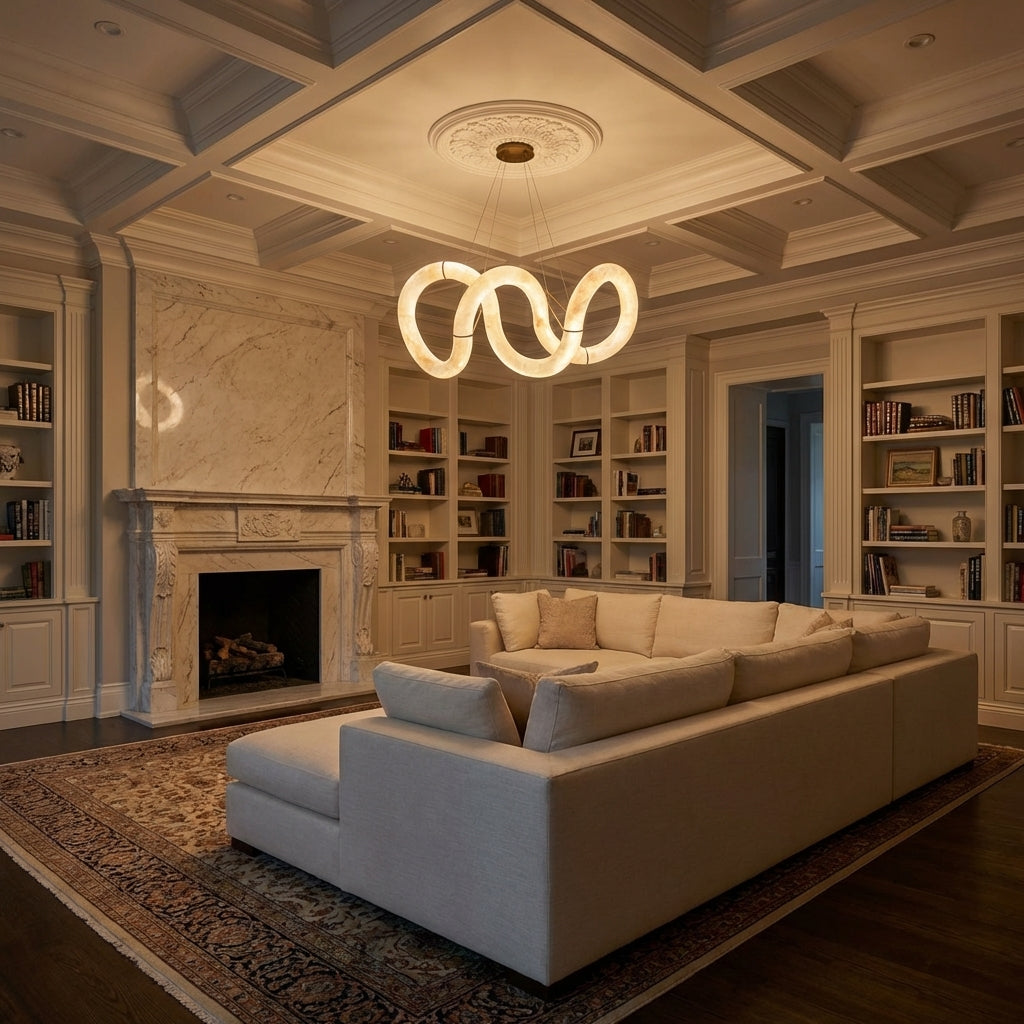 Riviko Ethereal Alabaster Curved Chandelier - luxurious American living room with tray ceiling