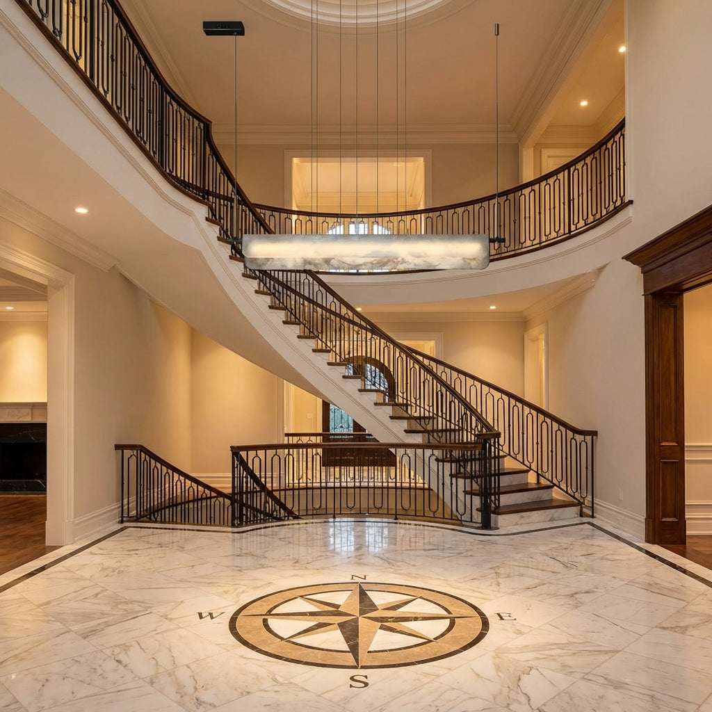 Riviko Opulent Alabaster Linear LED Chandelier - grand American foyer with two-story ceiling
