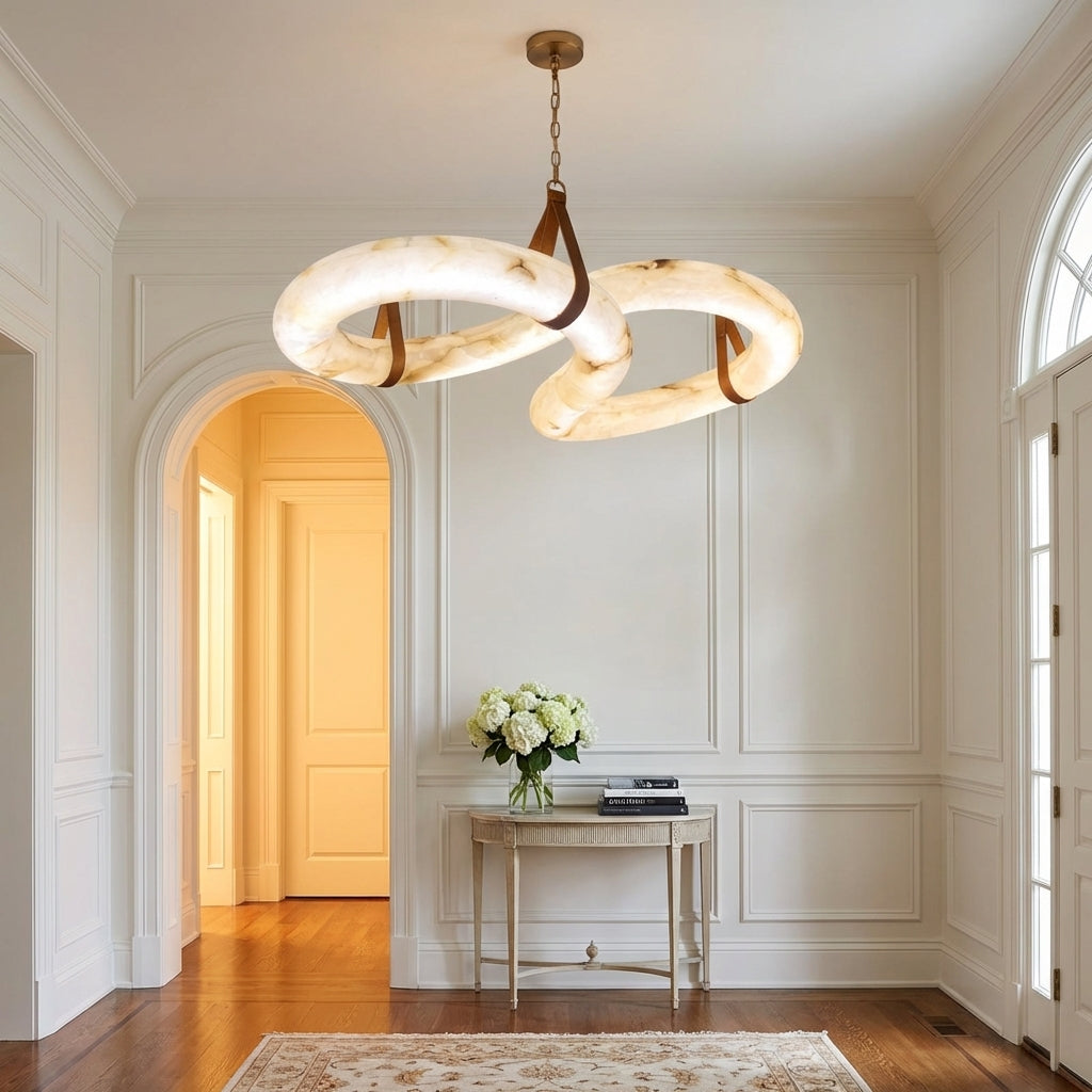 Riviko Aura Curve Alabaster Chandelier - elegant American entryway with arched doorway