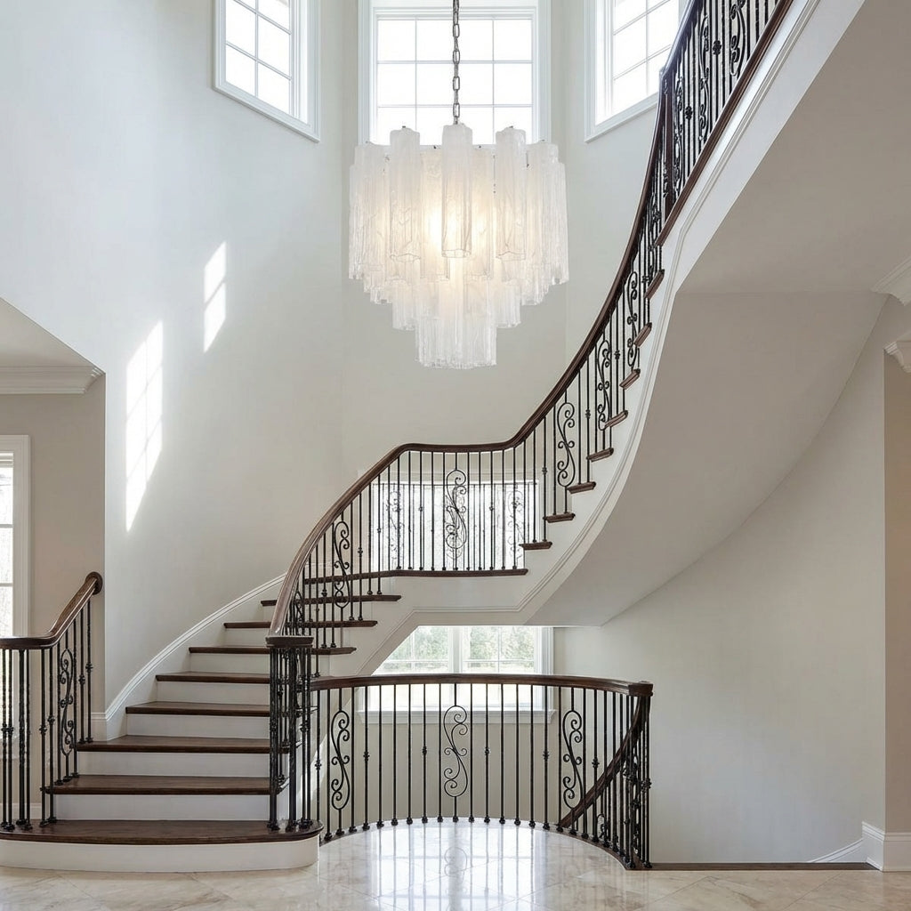 Riviko Venetian Alabaster 36-Tube Chandelier - dramatic American stairwell with soaring ceiling