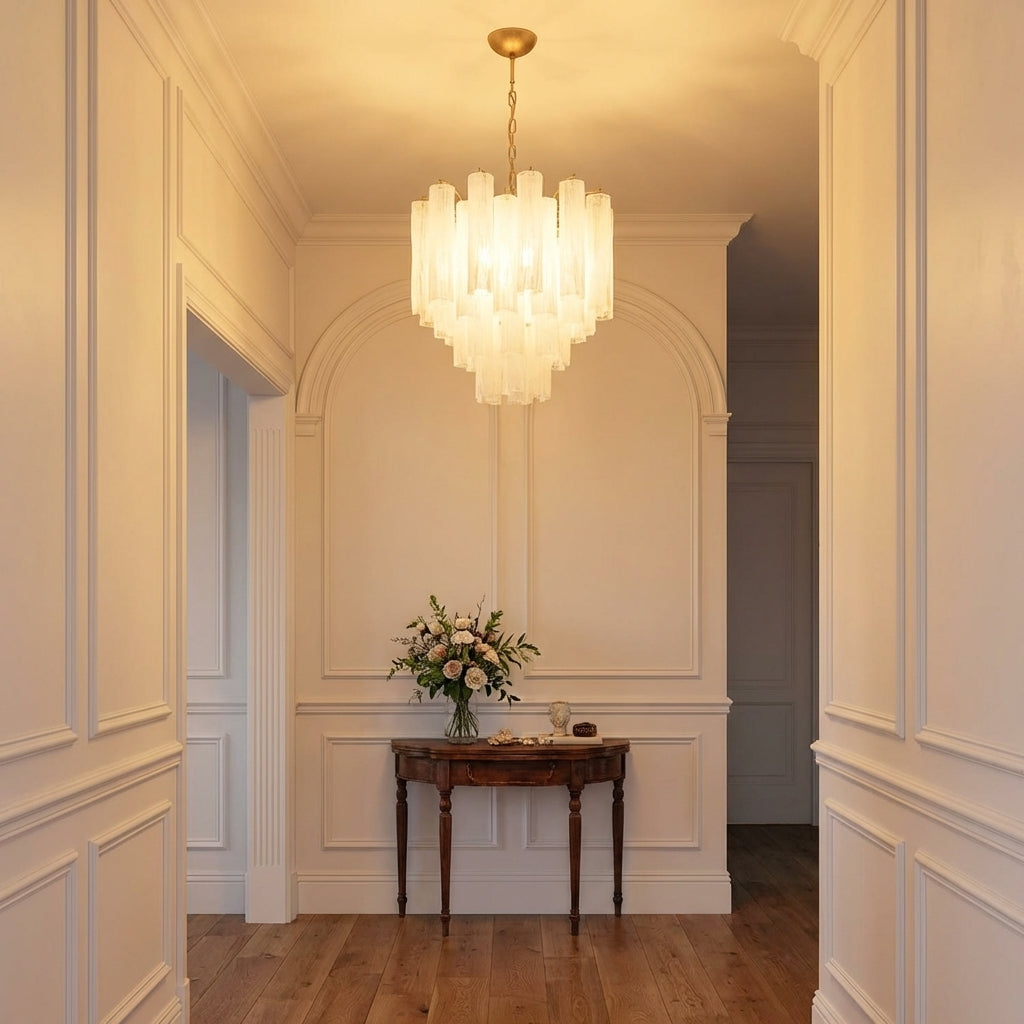 Riviko Murano Chandelier – 36 tubes – Alabaster white - elegant American entryway with arched doorway