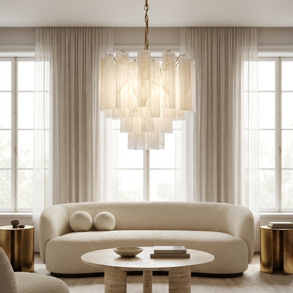 Riviko Murano Chandelier – 36 tubes – Alabaster white - sophisticated American living room