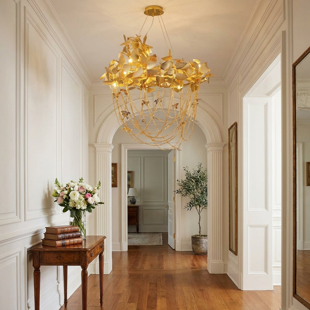 Riviko Gilded Bloom Metal Chandelier - elegant American entryway with arched doorway