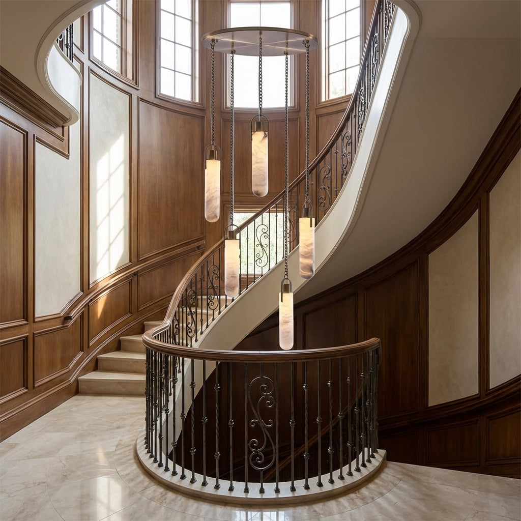 Riviko Veridian Bloom Alabaster Multi-Light Pendant - dramatic American stairwell with soaring ceiling