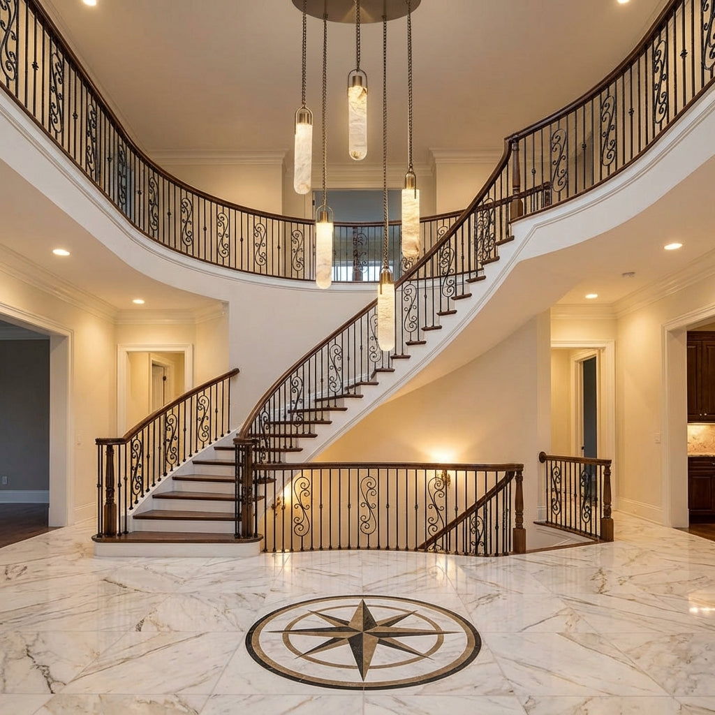 Riviko Veridian Bloom Alabaster Multi-Light Pendant - grand American foyer with two-story ceiling