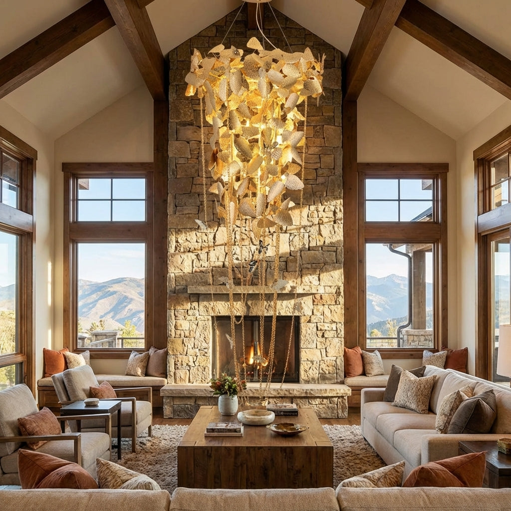 Riviko Aura Gold Leaf Modern Staircase Chandelier - American transitional great room with cathedral ceiling