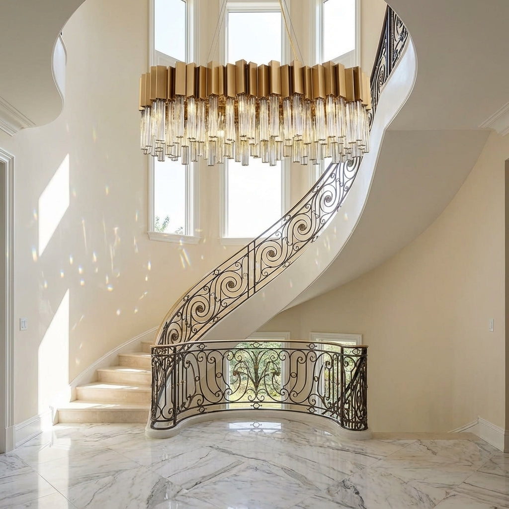 Riviko Radiant Oval Crystal Chandelier - dramatic American stairwell with soaring ceiling