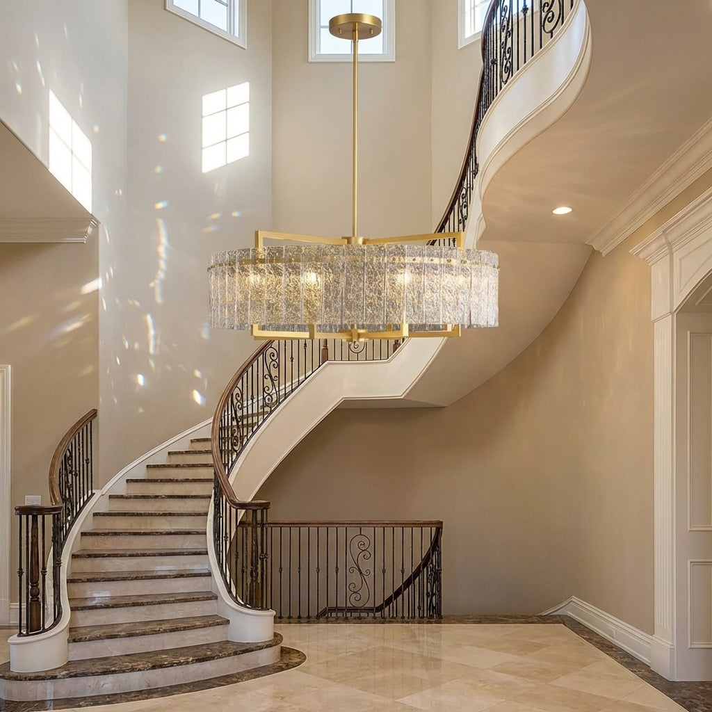 Riviko Radiant Aura Round Crystal Chandelier - dramatic American stairwell with soaring ceiling
