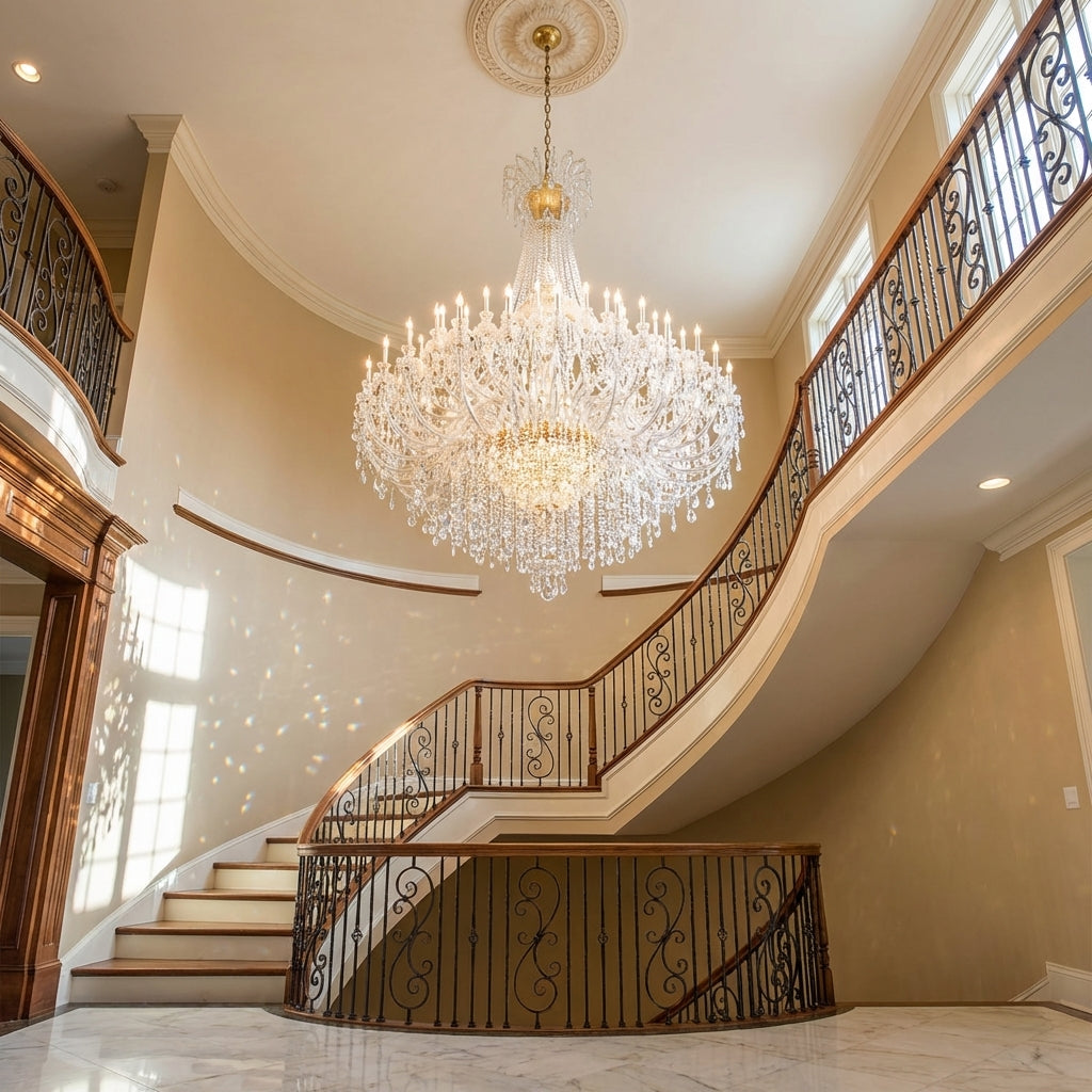 Riviko Grand Palazzo Crystal Candle Chandelier - dramatic American stairwell with soaring ceiling