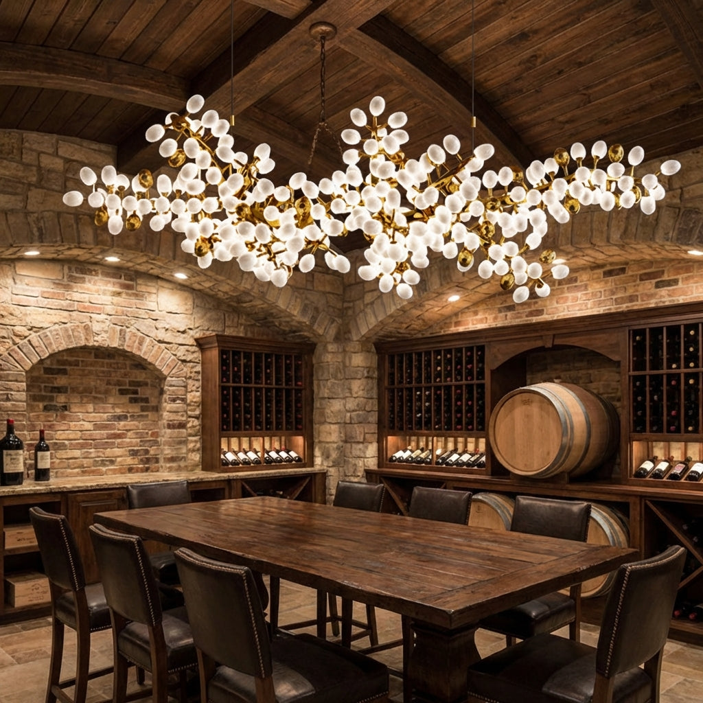 Riviko Vineyard Bloom Linear Chandelier - elegant American wine cellar dining room
