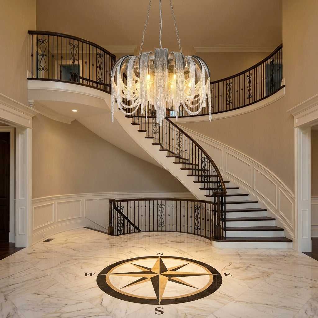 Riviko Alisa Cascade Round Chandelier - grand American foyer with two-story ceiling