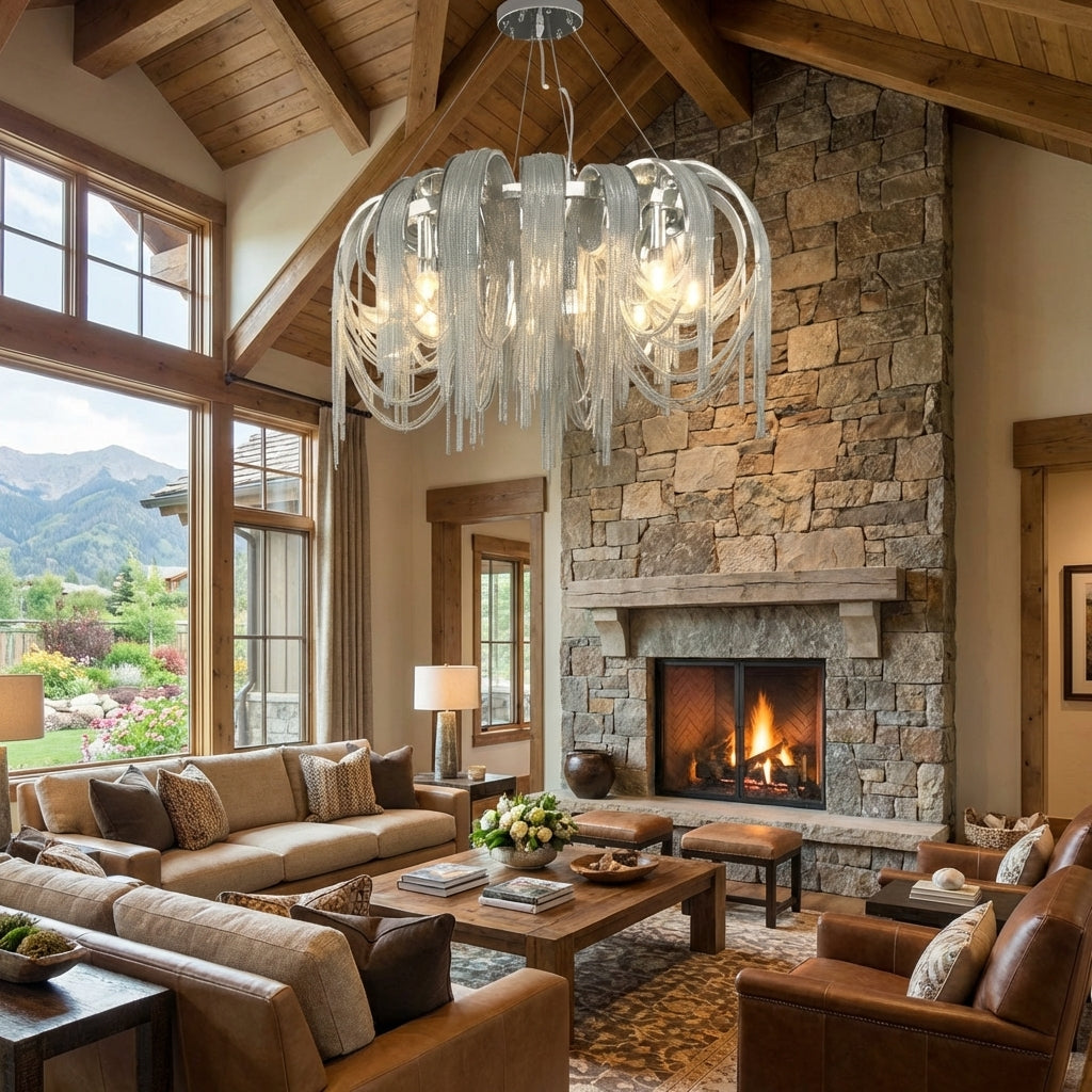 Riviko Alisa Cascade Round Chandelier - American transitional great room with cathedral ceiling
