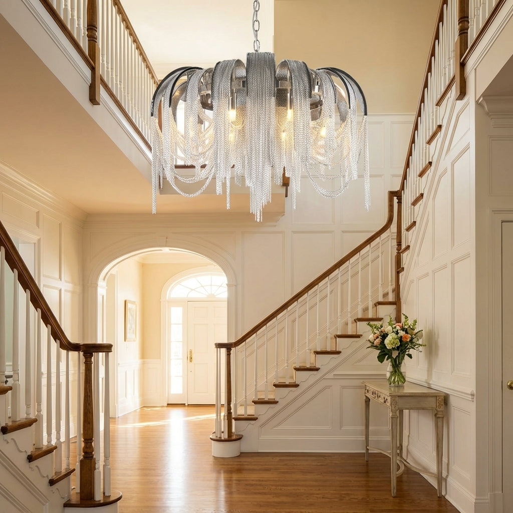 Riviko Alisa Cascade Round Chandelier - elegant American entryway with arched doorway