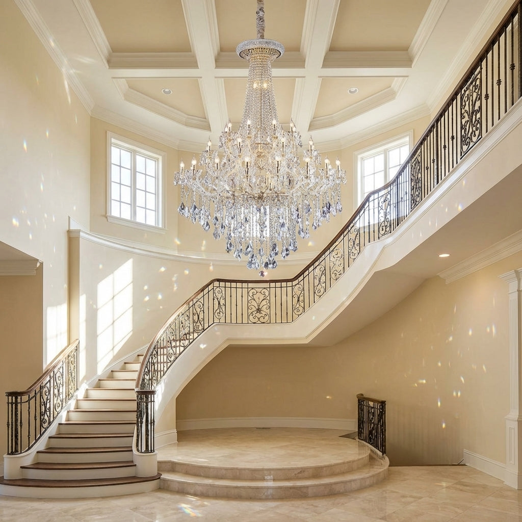 Riviko Opulent Grandeur K9 Crystal Candle Chandelier - dramatic American stairwell with soaring ceiling