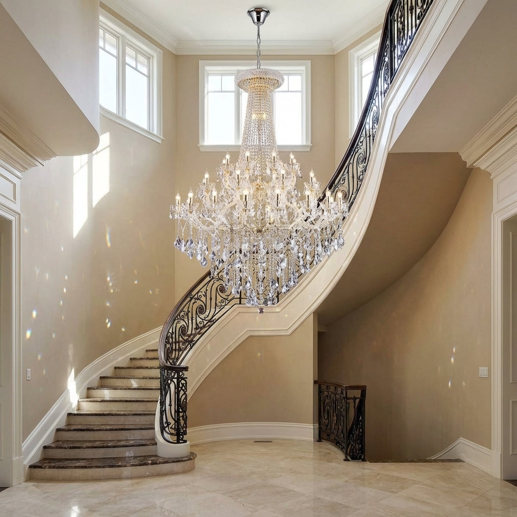 Riviko Extra Large Retro Empire Candle Crystal Chandelier for High-ceiling Space - dramatic American stairwell with soaring ceiling