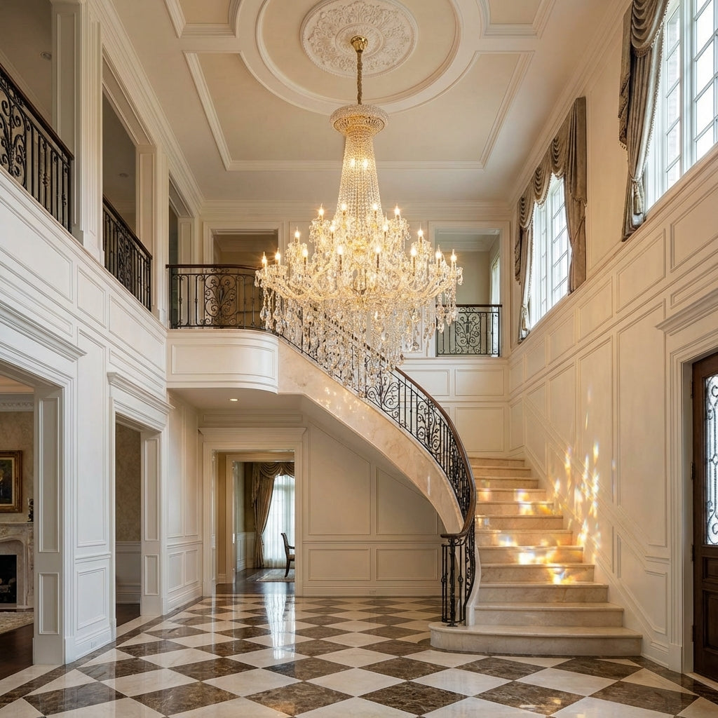 Riviko Extra Large French Candle Crystal Branch Chandelier for Foyer and Staircase - grand American estate foyer