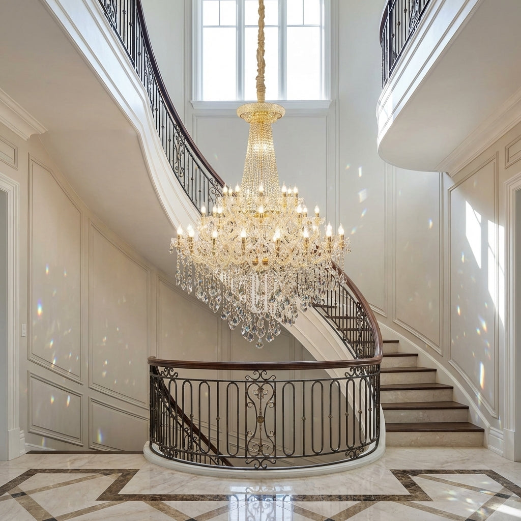 Riviko Extra Large Retro Empire Candle Crystal Chandelier for High-ceiling Space - dramatic American stairwell with soaring ceiling