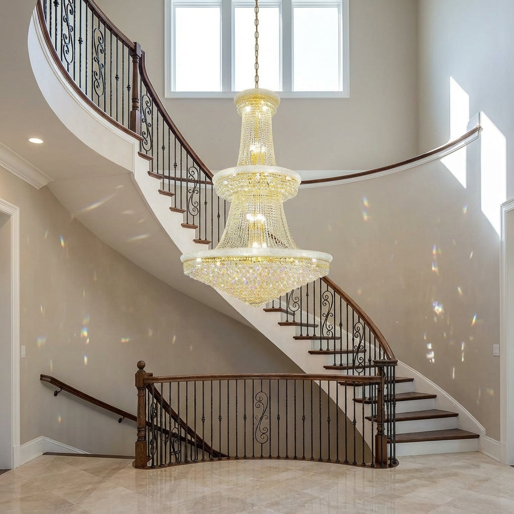 Riviko Grand Imperial Three-Tier Crystal Chandelier - dramatic American stairwell with soaring ceiling