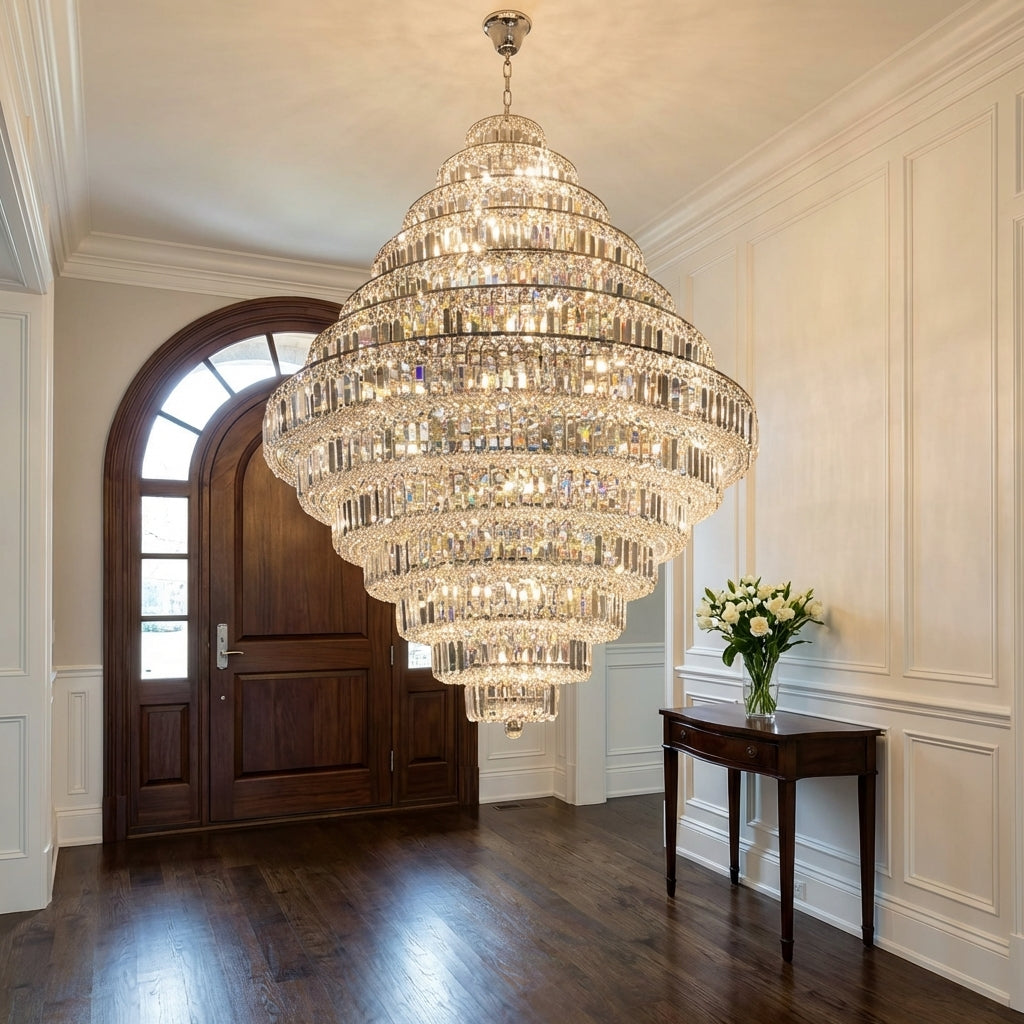 Riviko Grand Radiance K9 Crystal Round Chandelier - elegant American entryway with arched doorway