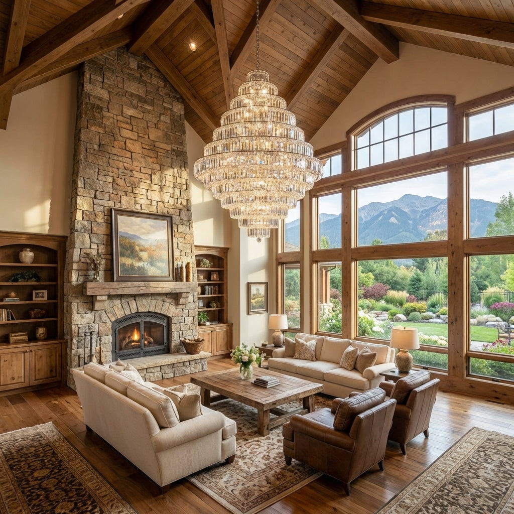 Riviko Grand Radiance K9 Crystal Round Chandelier - American transitional great room with cathedral ceiling