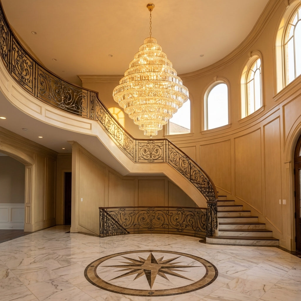 Riviko Grand Radiance K9 Crystal Round Chandelier - grand American foyer with two-story ceiling