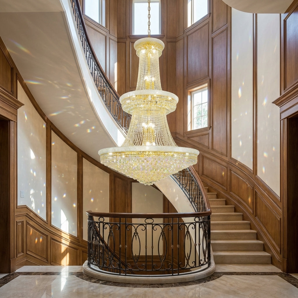 Riviko Luxury French Empire Chandelier for Villa Hall Ceiling Three-layers Crystal Light for Hotel Lobby - dramatic American stairwell with soaring ceiling