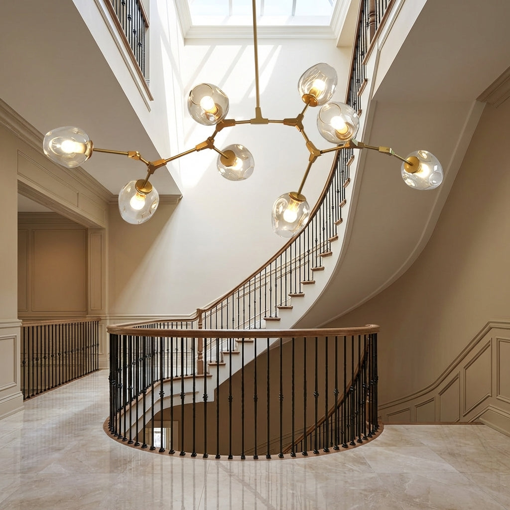 Riviko Sculptural Branch Chandelier with Glass Pendants - dramatic American stairwell with soaring ceiling