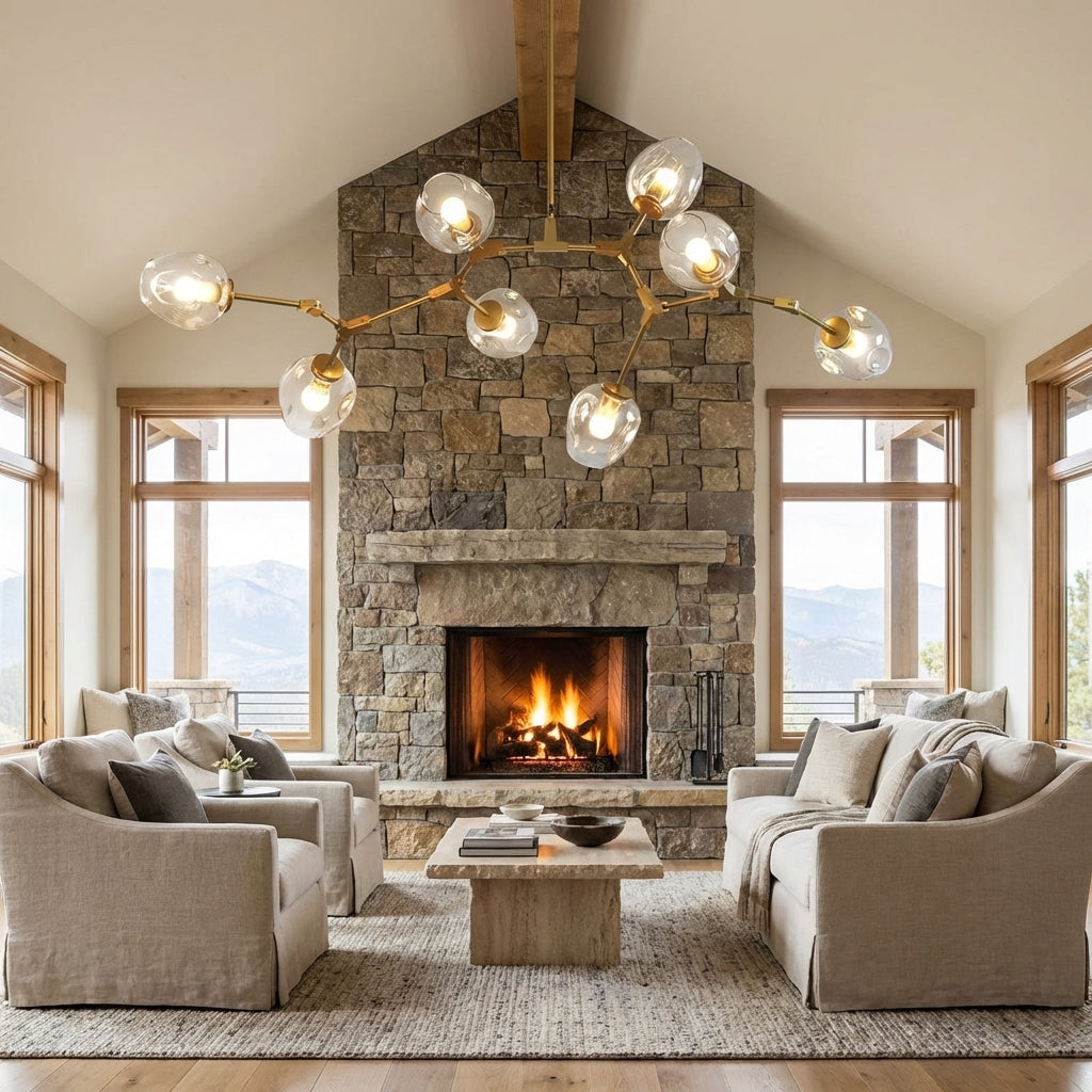Riviko Sculptural Branch Chandelier with Glass Pendants - American transitional great room with cathedral ceiling