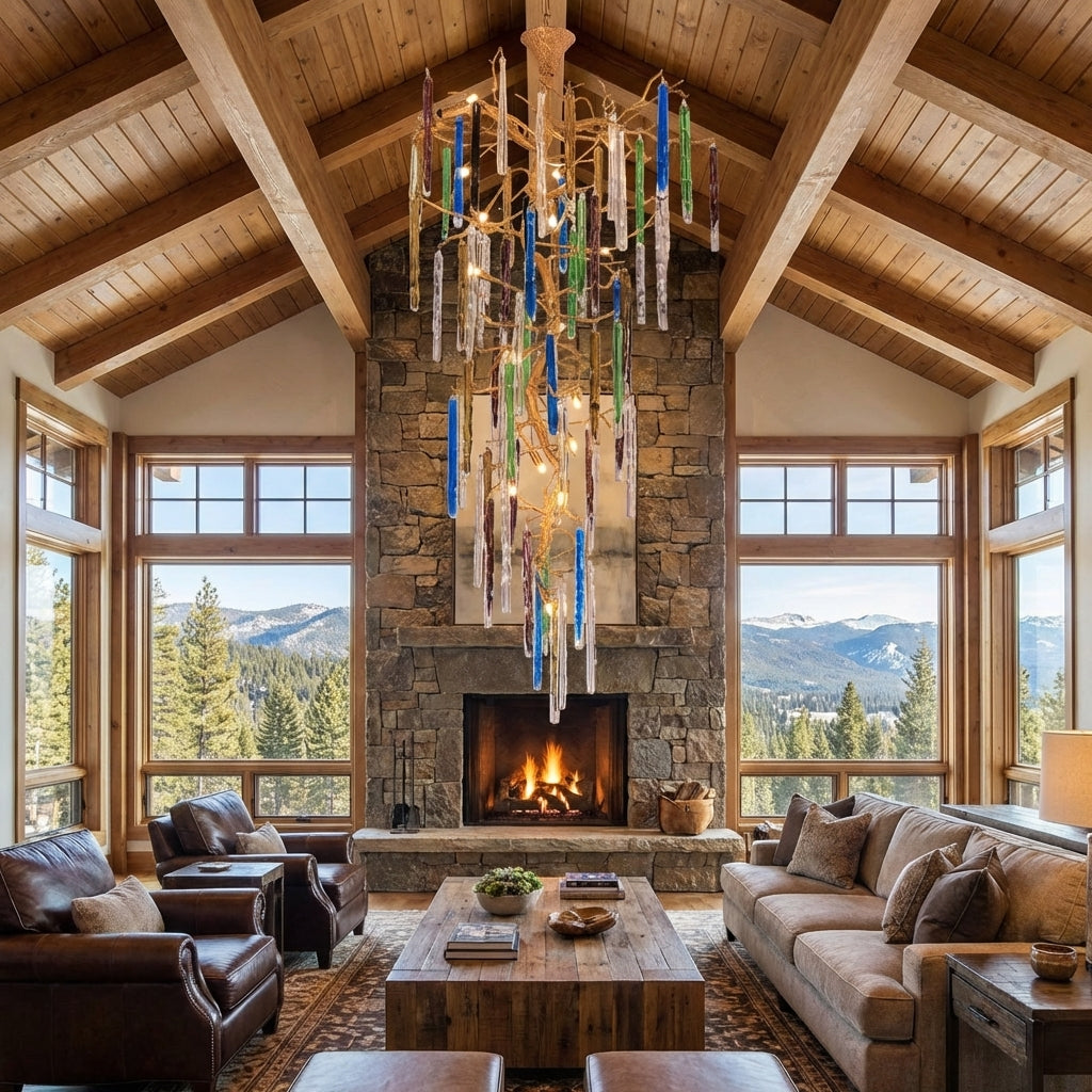 Riviko Verdant Canopy Brass Branch Chandelier - American transitional great room with cathedral ceiling