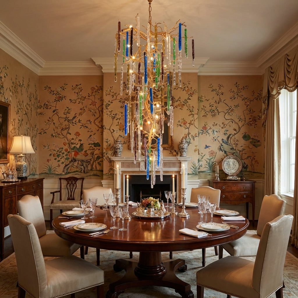 Riviko Modern Light Luxury Brass Branches Colored Glass Column Chandelier for Staircase/Living Room/High-ceiling Space - formal American dining room