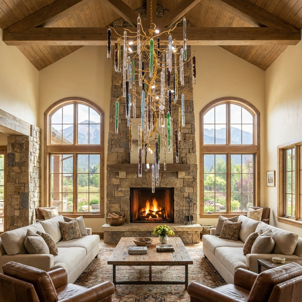 Riviko Modern Light Luxury Brass Branches Colored Glass Column Chandelier for Staircase/Living Room/High-ceiling Space - American transitional great room with cathedral ceiling
