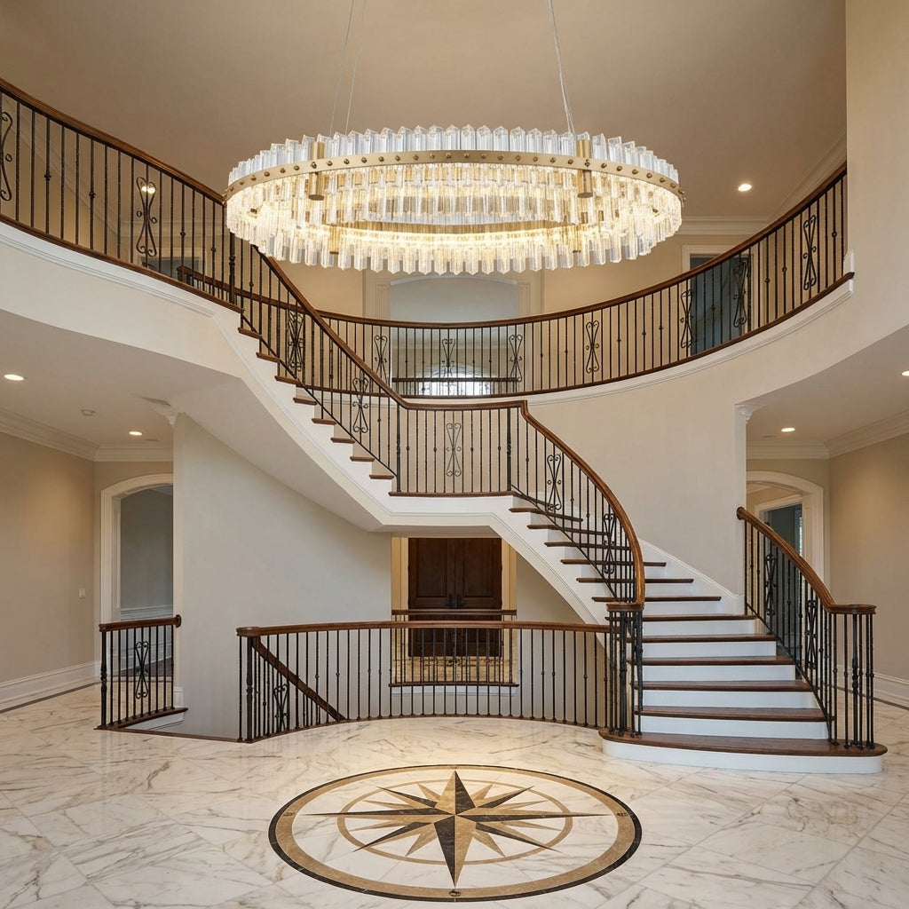 Riviko Aqueous Horizon 2-Tier Oval Chandelier - grand American foyer with two-story ceiling