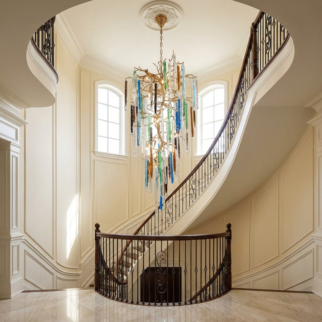 Riviko Modern Light Luxury Brass Branches Colored Glass Column Chandelier for Staircase/Living Room/High-ceiling Space - dramatic American stairwell with soaring ceiling