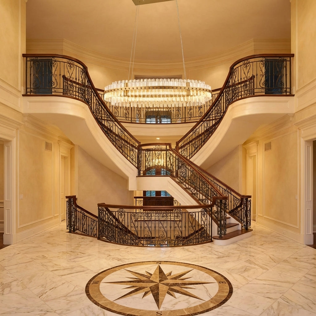 Riviko Aqueous Horizon 2-Tier Oval Chandelier - grand American foyer with two-story ceiling