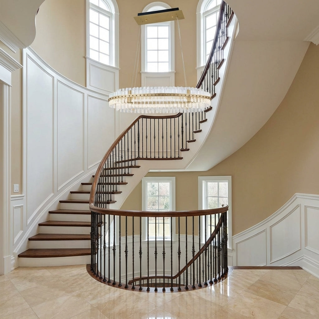 Riviko Aqueous Horizon 2-Tier Oval Chandelier - dramatic American stairwell with soaring ceiling