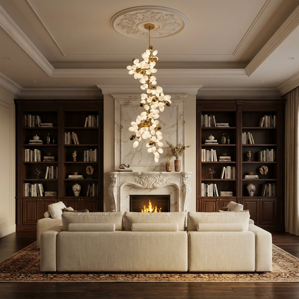 Riviko Verdant Canopy Large Branch Chandelier - luxurious American living room with tray ceiling