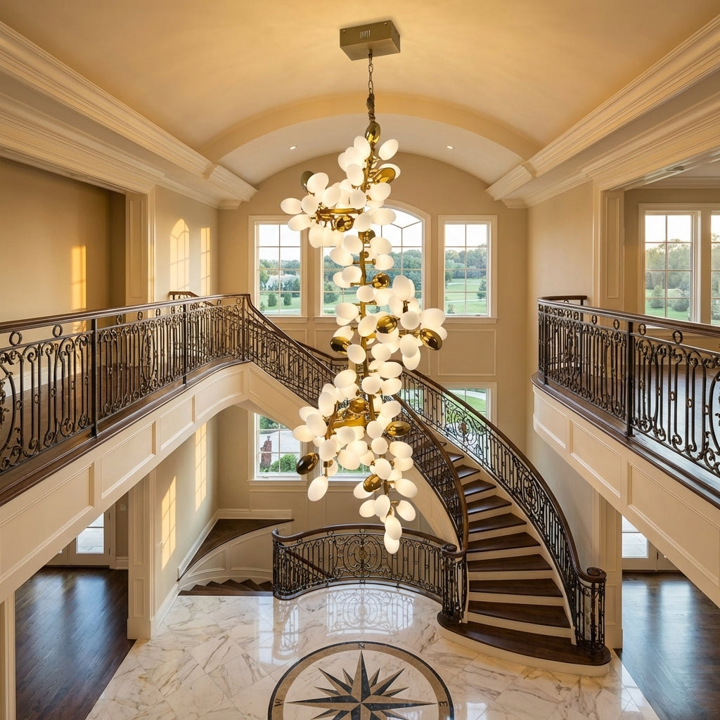 Riviko Large Branch Copper Chandelier with Grape Shape Bulbs Unique and Creative Light Fixture for Staircase/ Duplex/ High Ceiling Living Room/ Restaurant - grand American foyer with two-story ceiling