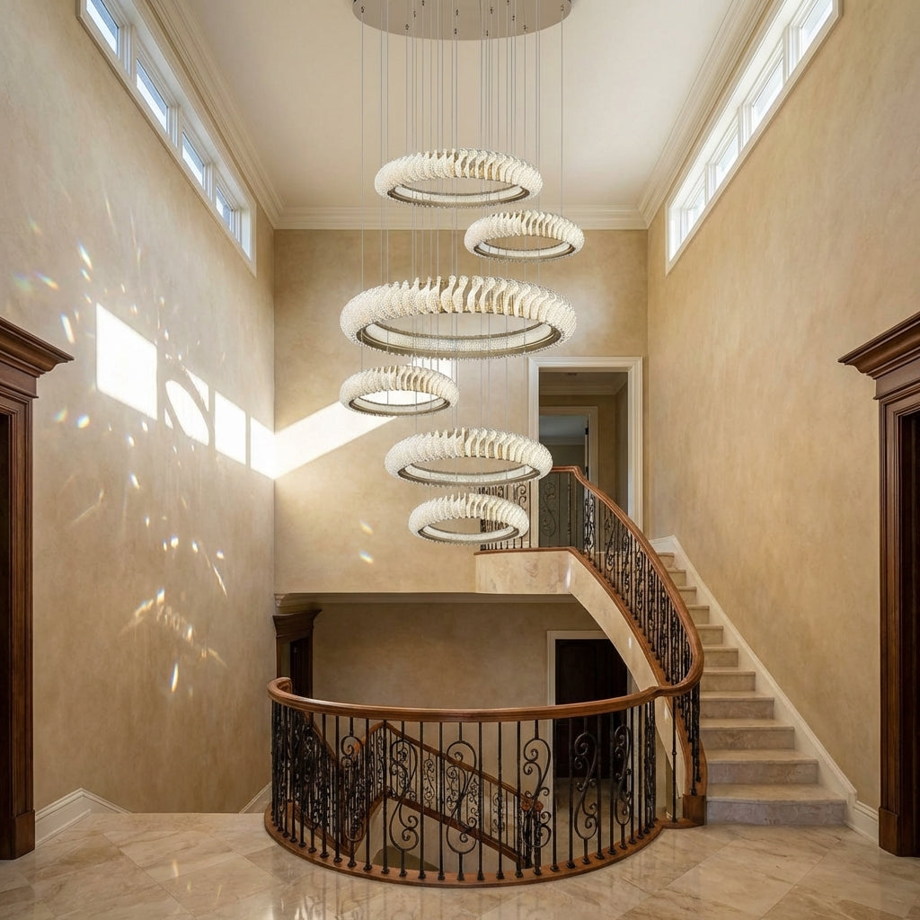Riviko Celestial Rings Multi-Layer Crystal Chandelier - dramatic American stairwell with soaring ceiling