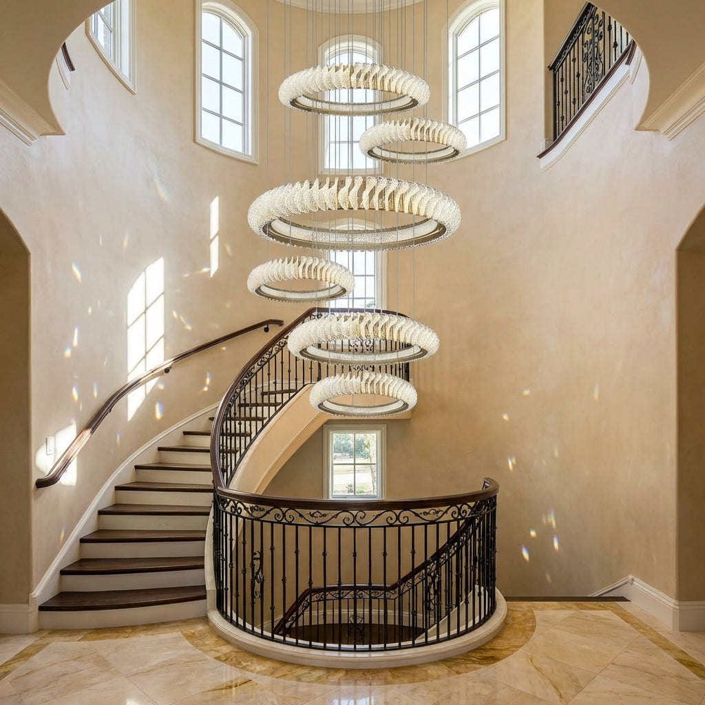 Riviko Celestial Rings Multi-Layer Crystal Chandelier - dramatic American stairwell with soaring ceiling