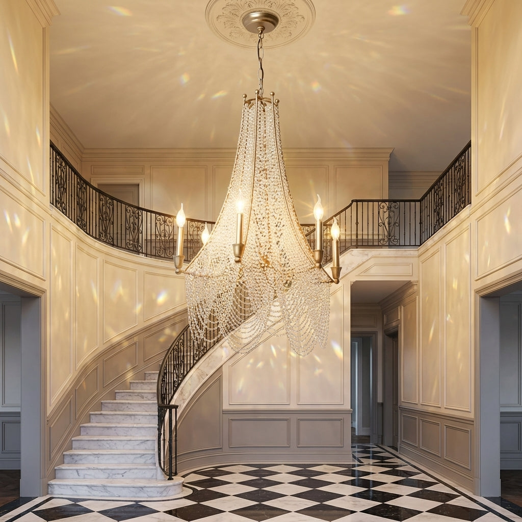 Riviko Extra Large European Crystal Beaded Chandelier Candle Light for Stairs / Duplex / Villa - grand American estate foyer