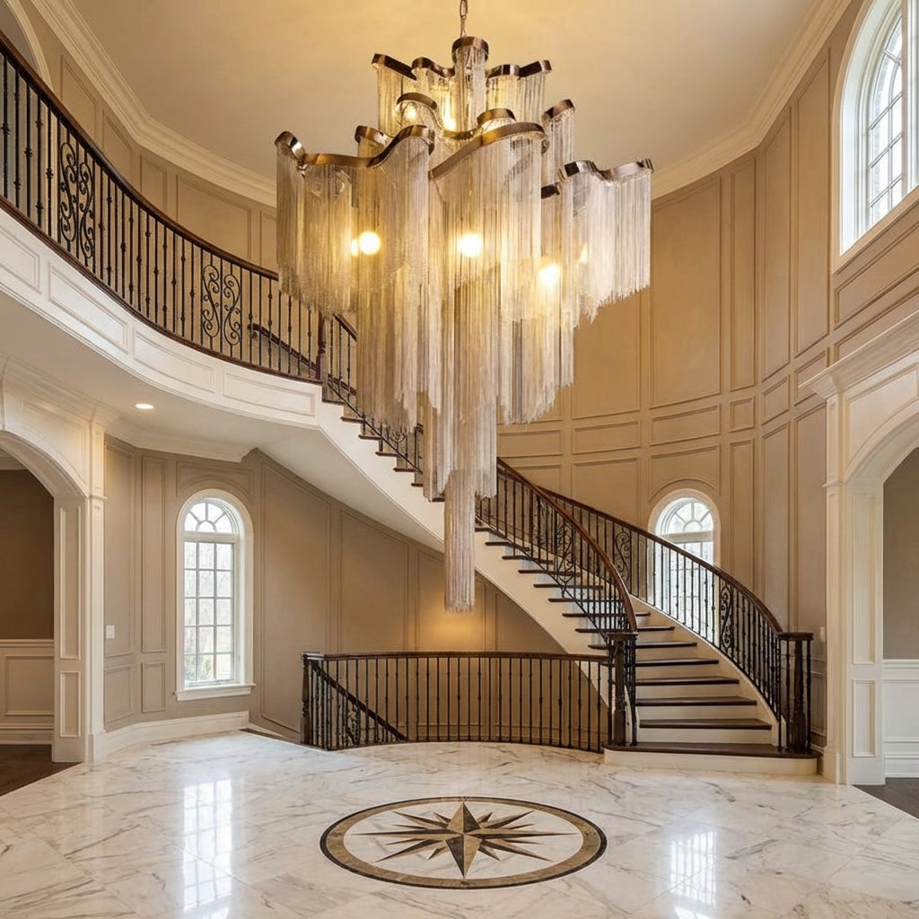 Riviko Grand Cascade Stainless Steel Tassel Chandelier - grand American foyer with two-story ceiling