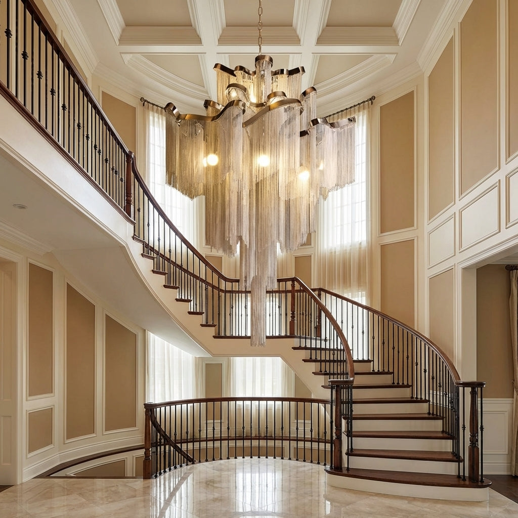 Riviko Grand Cascade Stainless Steel Tassel Chandelier - dramatic American stairwell with soaring ceiling