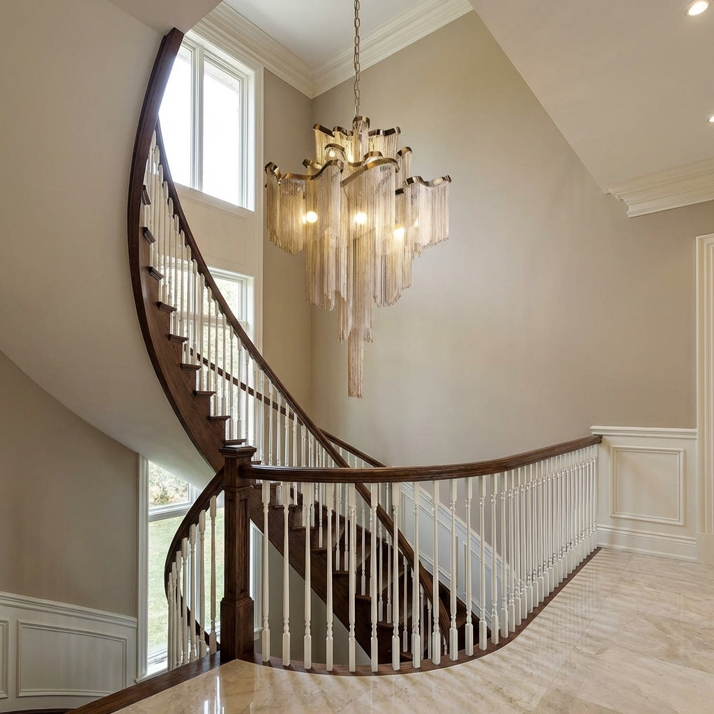 Riviko Post-Modern Extra Large Stainless Steel Long Tassel Chandelier for Large Living Room / Staircase / Villa / Duplexes - dramatic American stairwell with soaring ceiling